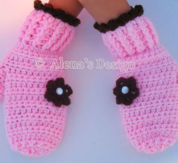 Pink Children Mittens with Brown Flowers