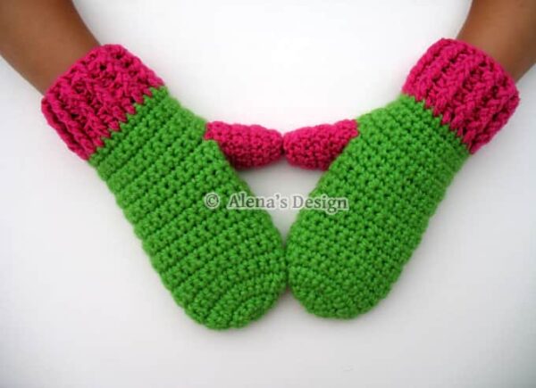 Green Children's Mittens with pink cuff