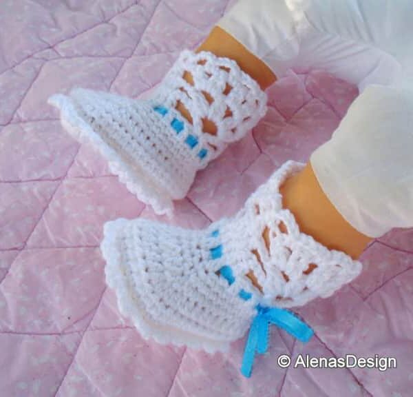 White Lace Top Booties with blue ribbon