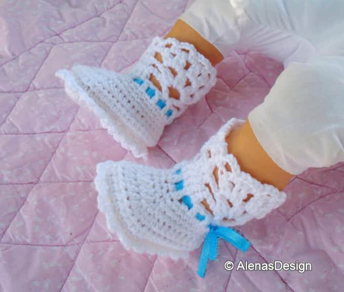White Lace Top Booties with blue ribbon