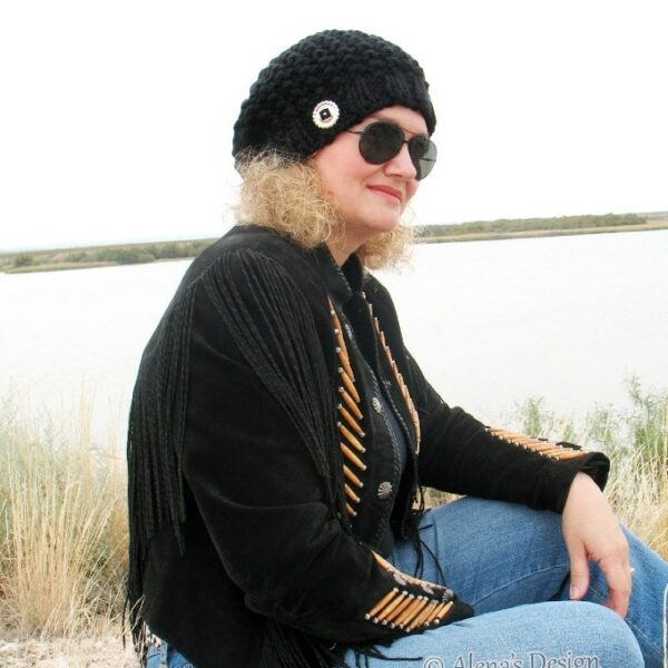 Black Hand Knitted Slouchy Hat with Concho