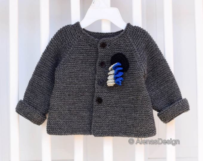Dark Gray Baby Cardigan with Embellishments-2 Knitting Pattern 257