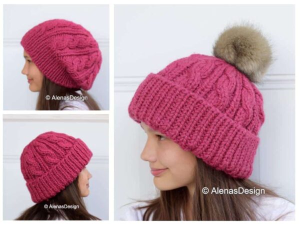 Pink Cabled Hat collage: with pompom (side), slouchy hat and back
