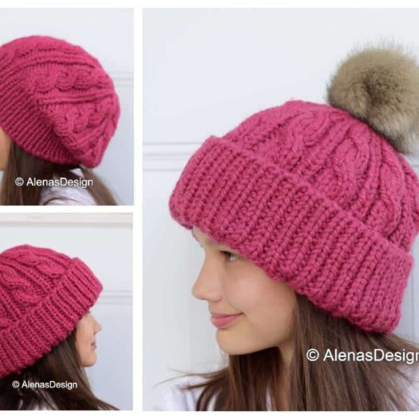 Pink Cabled Hat collage: with pompom (side), slouchy hat and back