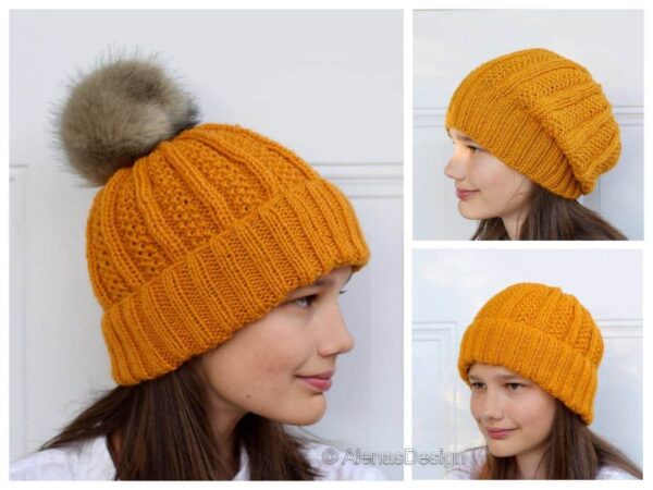 Yellow Knit Hat Collage: side with pompom, side slouchy, front beanie