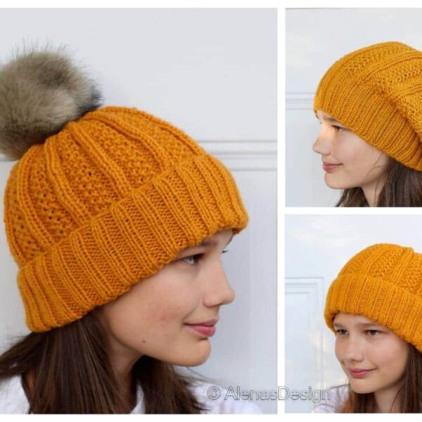 Yellow Knit Hat Collage: side with pompom, side slouchy, front beanie