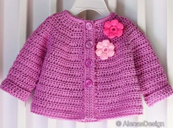 Lilac embellished baby cardigan with flowers crochet pattern 260