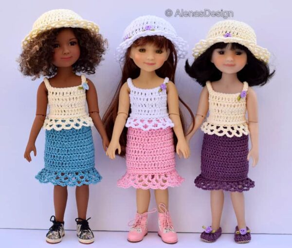 14.5 inch Doll Summer Ensemble Crochet Sun Hat Skirt Top Shoes