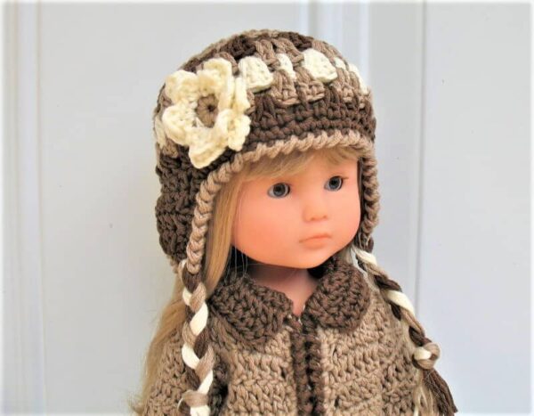 13" doll ear flap hat with flower crochet pattern
