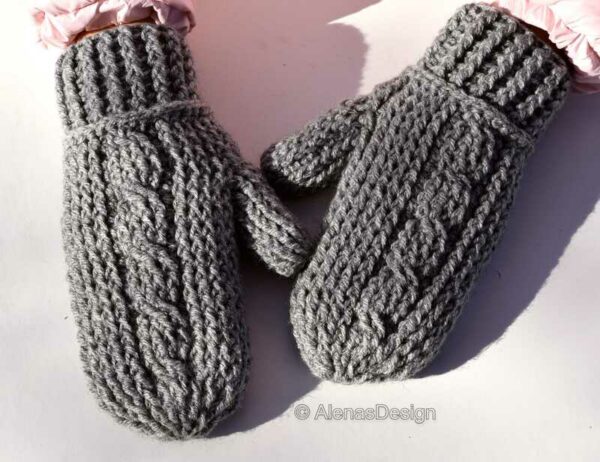 Adult Cabled Mittens Crochet Pattern Grey