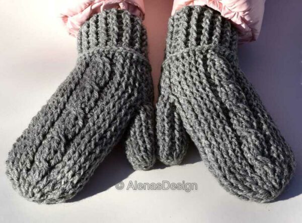 Adult Cabled Mittens Crochet Pattern Dark Grey