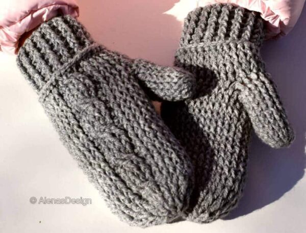 Adult Cabled Mittens Crochet Pattern Grey inside