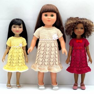 Beige, Red and Yellow Tulip Lace Dress Knitting Pattern for 14.5" and 18" Dolls