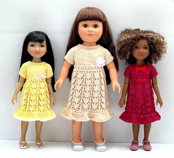 Beige, Red and Yellow Tulip Lace Dress Knitting Pattern for 14.5" and 18" Dolls