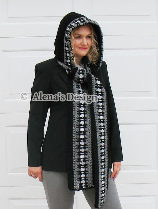 Black Grey White Hooded scarf crocheted