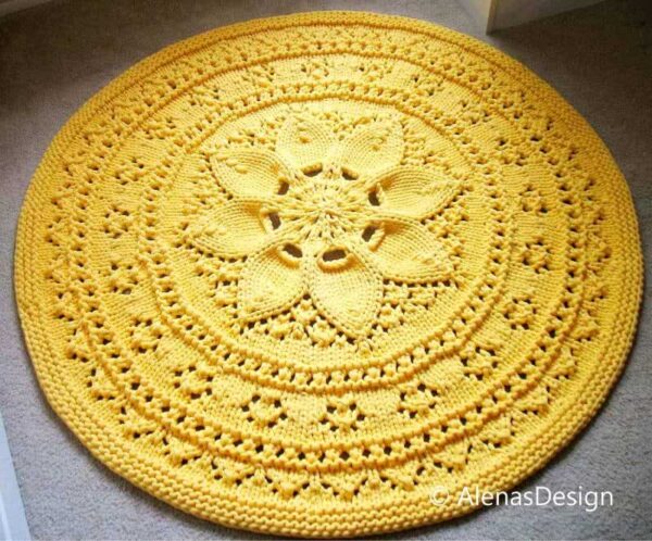 Yellow Floral Lace Knitted Rug