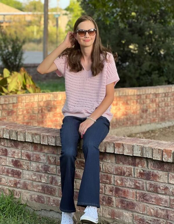 Pink knit lace top with jeans