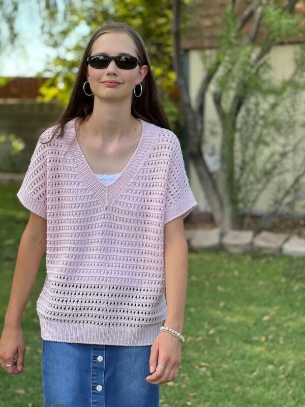 Sofia Lace Top Knitting Pattern Knitted V-neck pink top