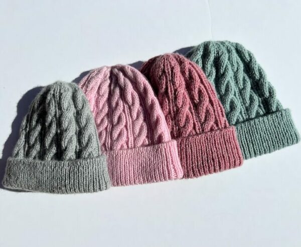 Travis Cabled Hats in grey, pink, rose heather and blue