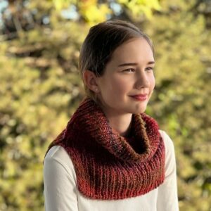 Madeline Rib Cowl Knitting Pattern shown in red, front