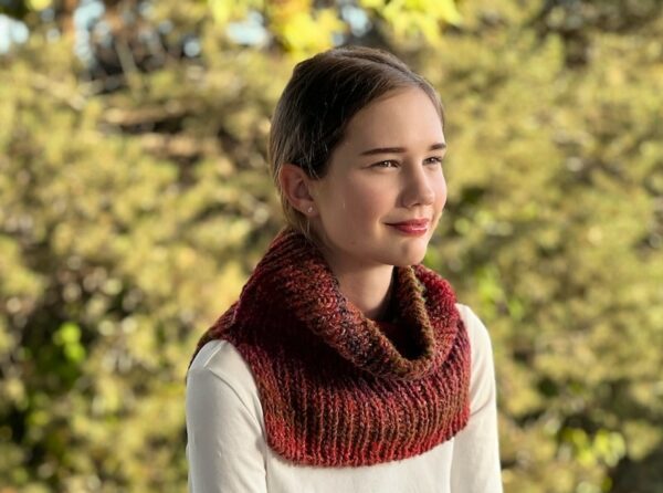 Madeline Rib Cowl Knitting Pattern shown in red, front