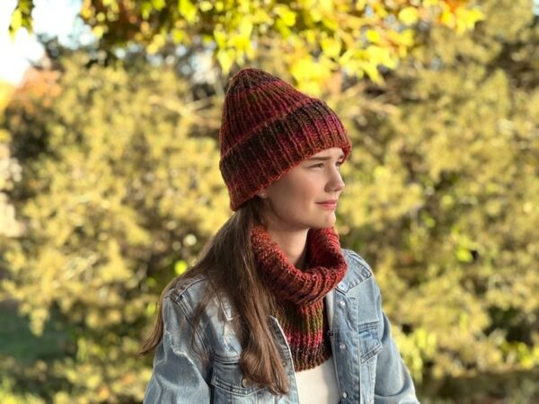 Madeline Rib Cowl and Hat Knitting Pattern shown in red, side front