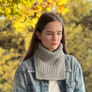 Madeline Rib Cowl Knitting Pattern shown in grey, front