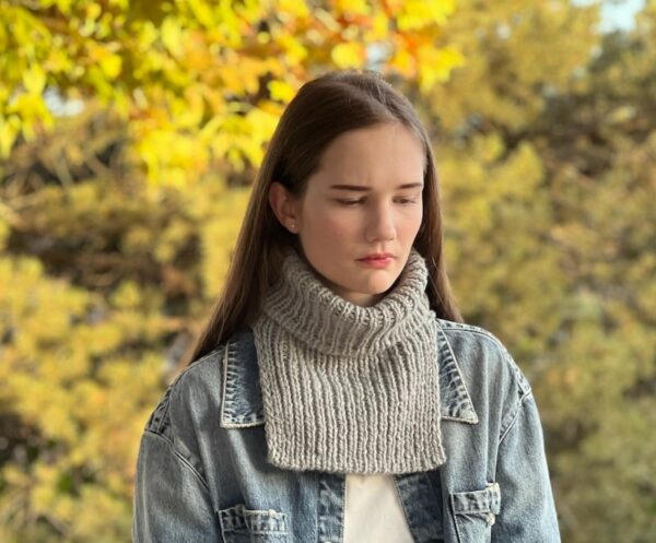 Madeline Rib Cowl Knitting Pattern shown in grey, front