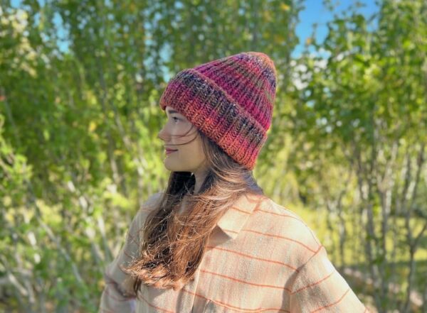 Madeline Rib Hat Knitting Pattern shown in red, side