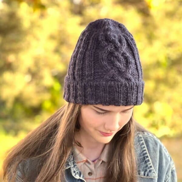 Alpaca Wool Knitted Cabled Hat in purple shown front