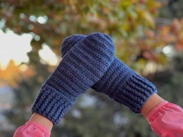 Hand Crocheted Blue Mittens, 80% acrylic and 20% wool. Shown in Large Adult Size. Mitten measures: 11.25” L x 4.5” W.