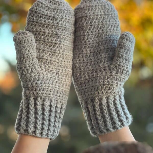 Hand Crocheted Gray Mittens, 80% acrylic and 20% wool, shown in Medium Adult Size
