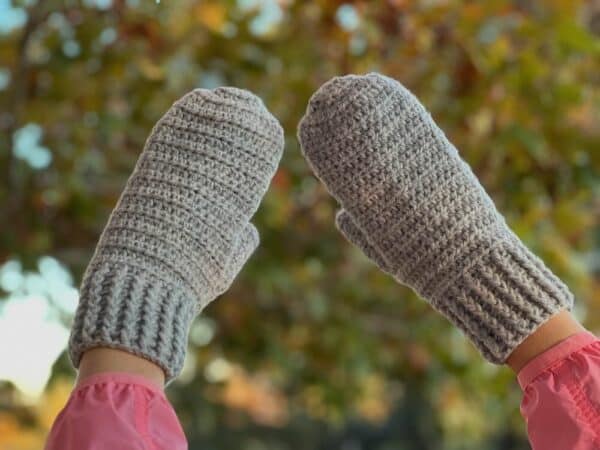 Hand Crocheted Gray Mittens, 80% acrylic and 20% wool, shown in Medium Adult Size