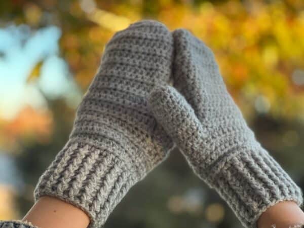 Hand Crocheted Gray Mittens, 80% acrylic and 20% wool, shown in Medium Adult Size