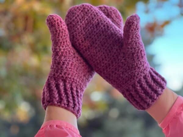 Hand Crocheted Pink Mittens shown in Small Adult Size