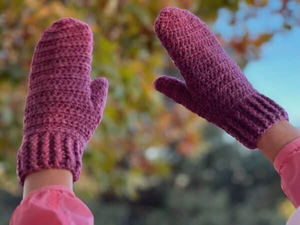 Hand Crocheted Pink Mittens in Small Adult Size