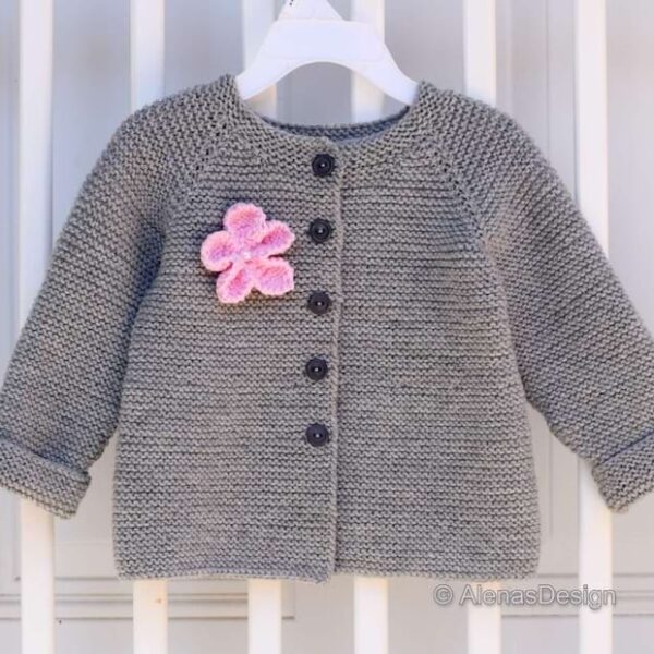 Grey baby cardigan with pink flower knitting pattern 257