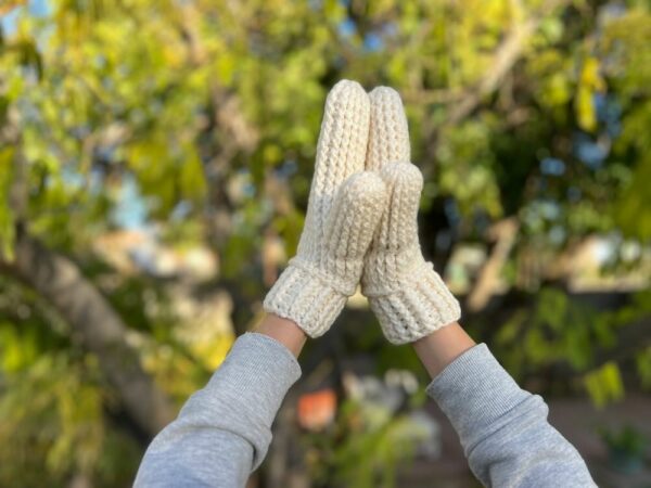Hand Crocheted Cream Cabled Mittens, 80% acrylic and 20% wool; Medium Adult Size: Mitten measures: 9.75” L x 4.25” W