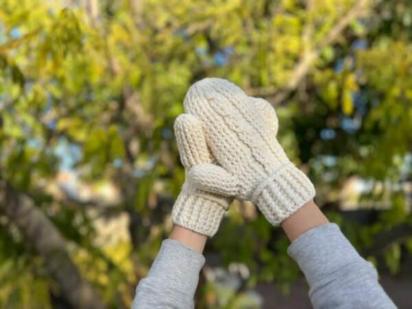 Hand Crocheted Cream Cabled Mittens, 80% acrylic and 20% wool; Medium Adult Size: Mitten measures: 9.75” L x 4.25” W