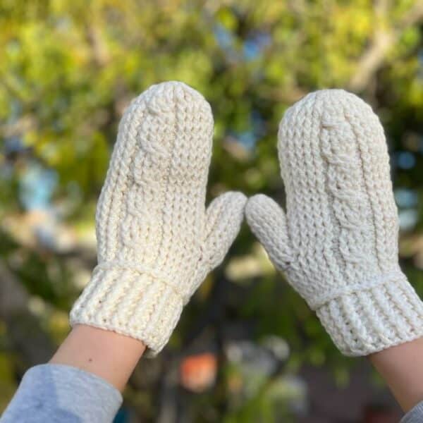Hand Crocheted Cream Cabled Mittens, 80% acrylic and 20% wool; Medium Adult Size: Mitten measures: 9.75” L x 4.25” W