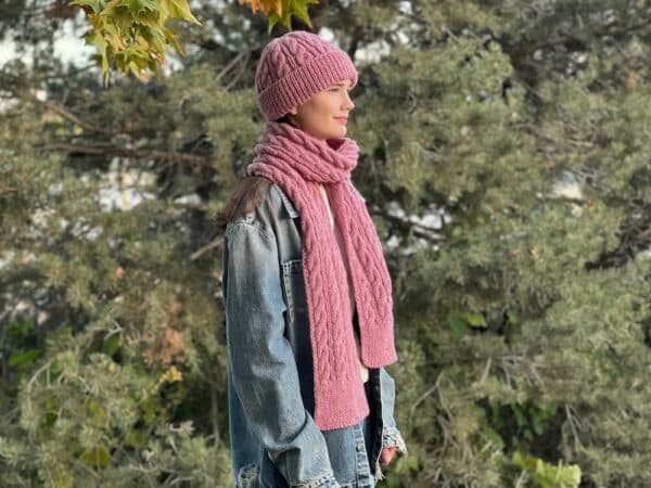 Hand Knitted Pink Cabled Hat & Scarf