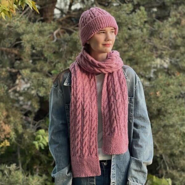 Hand Knitted Cabled Hat and Scarf shown in pink, front