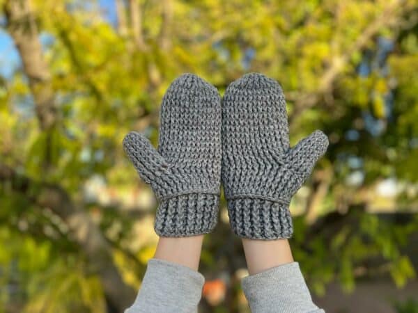 Hand Crocheted Dark Gray Cabled Mittens, 80% acrylic and 20% wool; Small Adult Size; Mitten measures: 9.0” L x 4.0” W