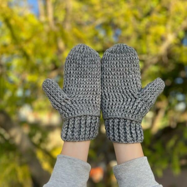 Hand Crocheted Dark Gray Cabled Mittens, 80% acrylic and 20% wool; Small Adult Size; Mitten measures: 9.0” L x 4.0” W