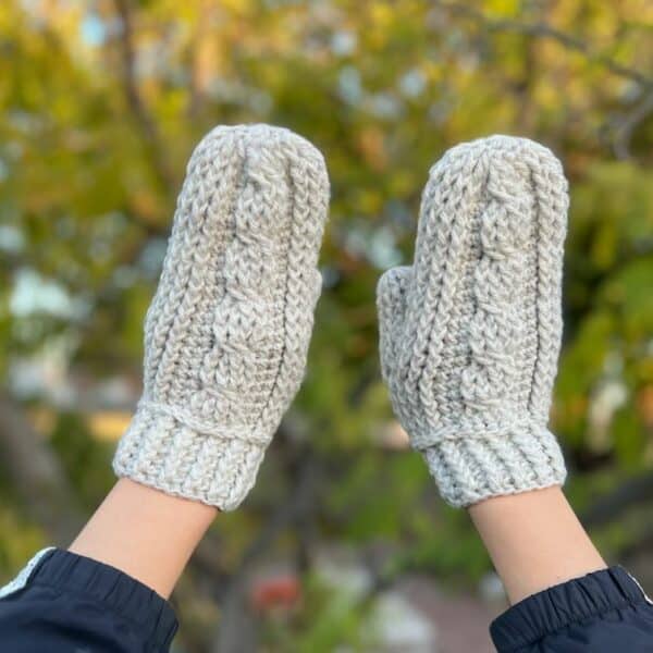 Children Gray Cabled Mittens, hand crocheted. Child Large Size – approx. 8 - 12 years; Mitten measures: 8.75” L x 3.5” W