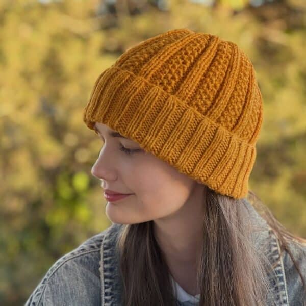 Knitted Noah Beanie Hat with folded brim in gold color