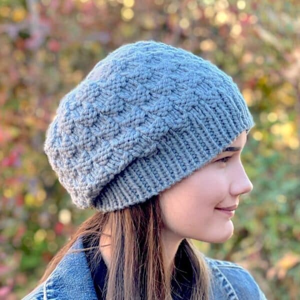 Knitted Doris slouchy hat in grey shown side