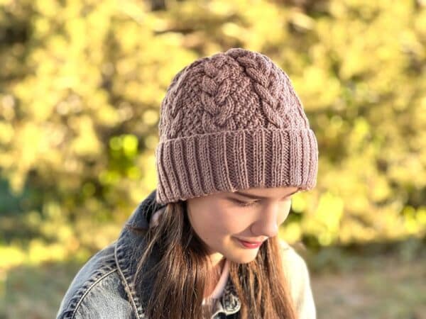 Kylie Cabled Hat with folded brim made from merino wool in mocha color