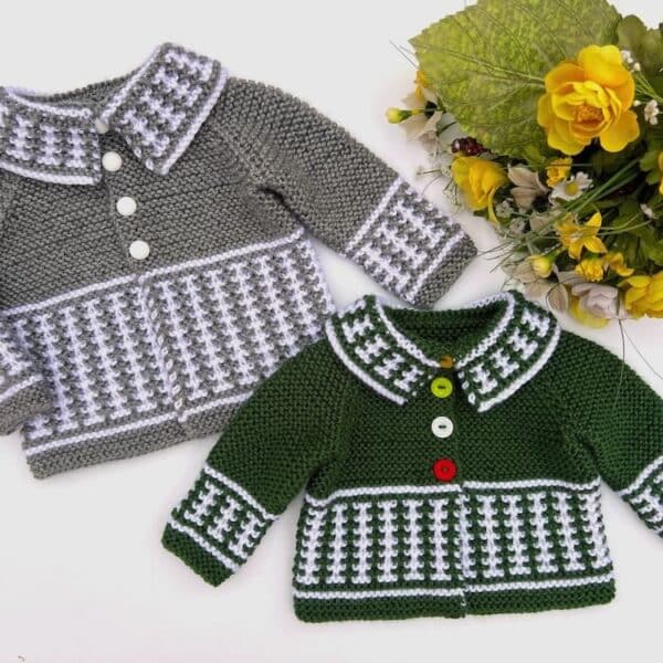 Sweet Baby Cardigan knitting pattern . Shown in Grey and green with white stripes.