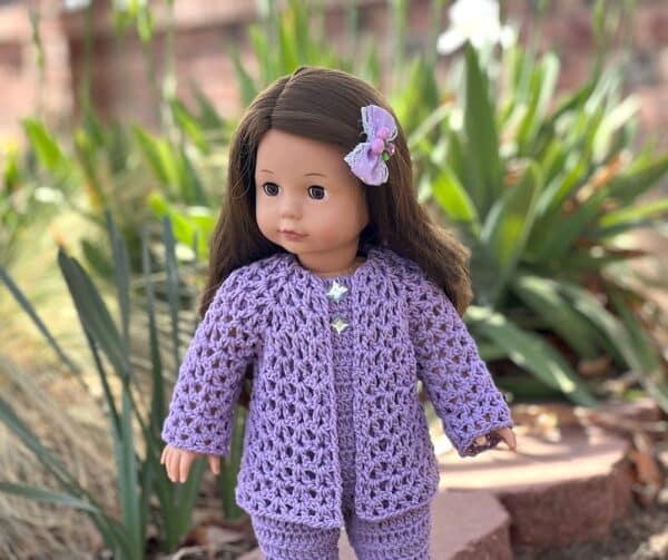 18 inch doll crocheted open front lace cardigan in lavender color.